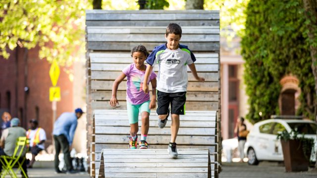 Children play in downtown Seattle.