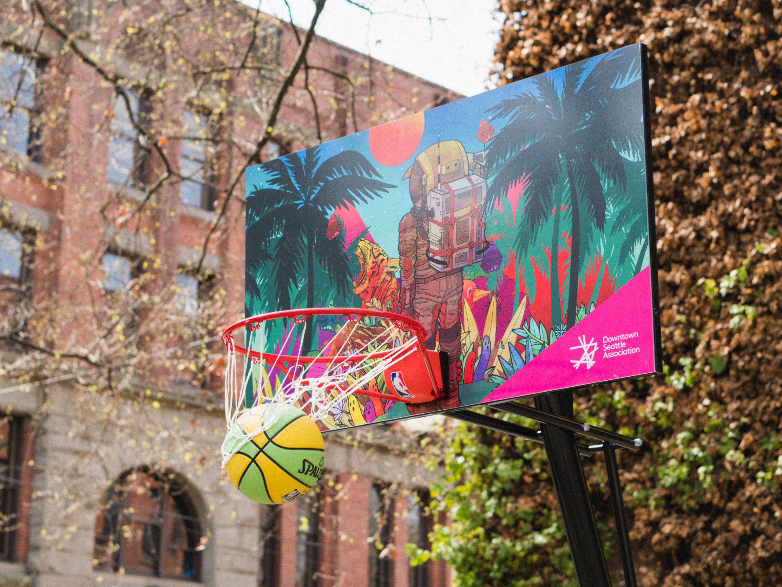 Colorful DSA basketball hoop at Occidental Square.