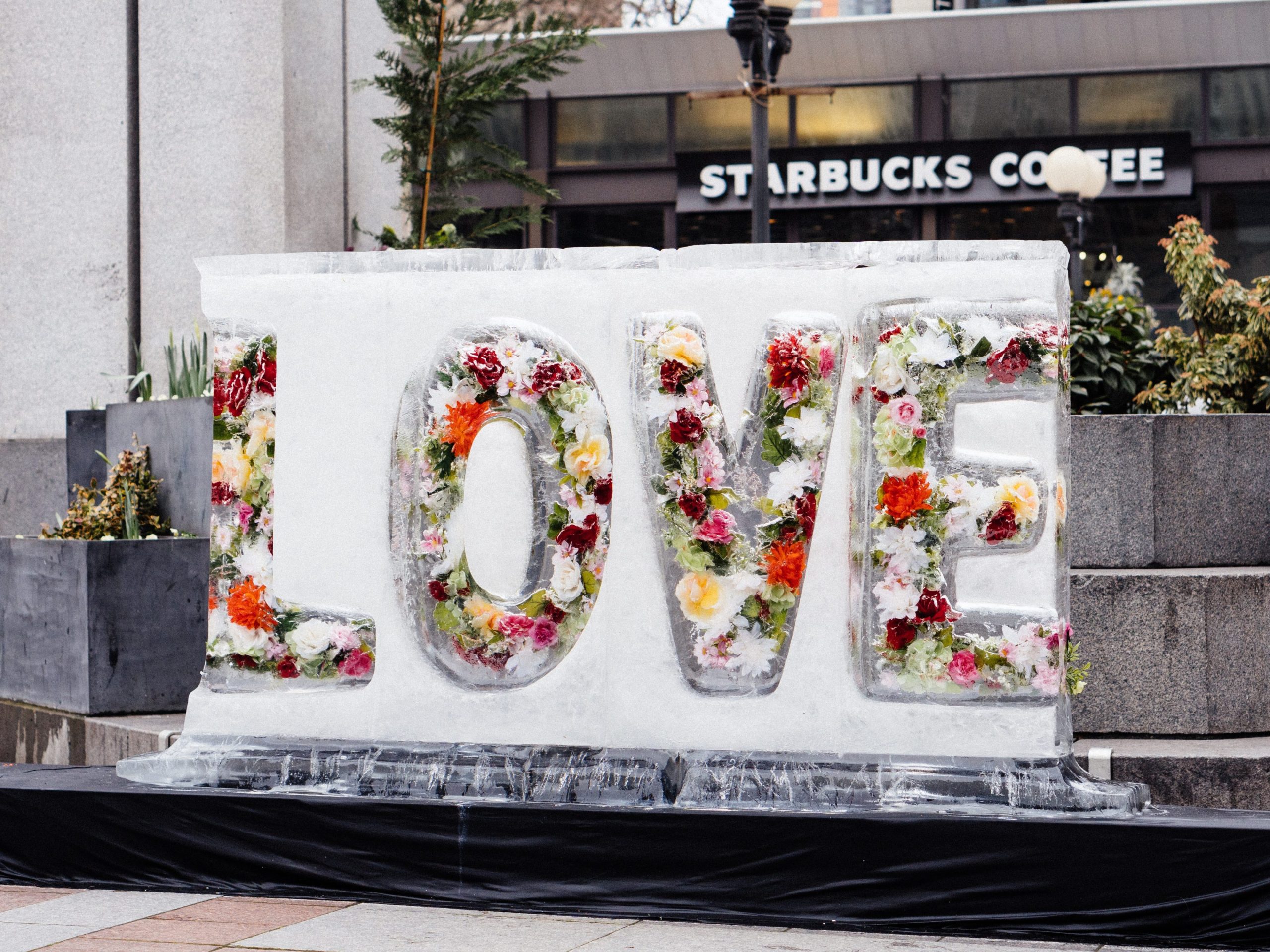 LOVE ice sculpture in Westlake Park.