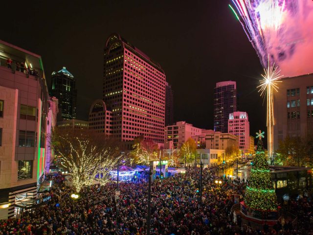 Tree lighting ceremony in downtown Seattle's Westlake Park