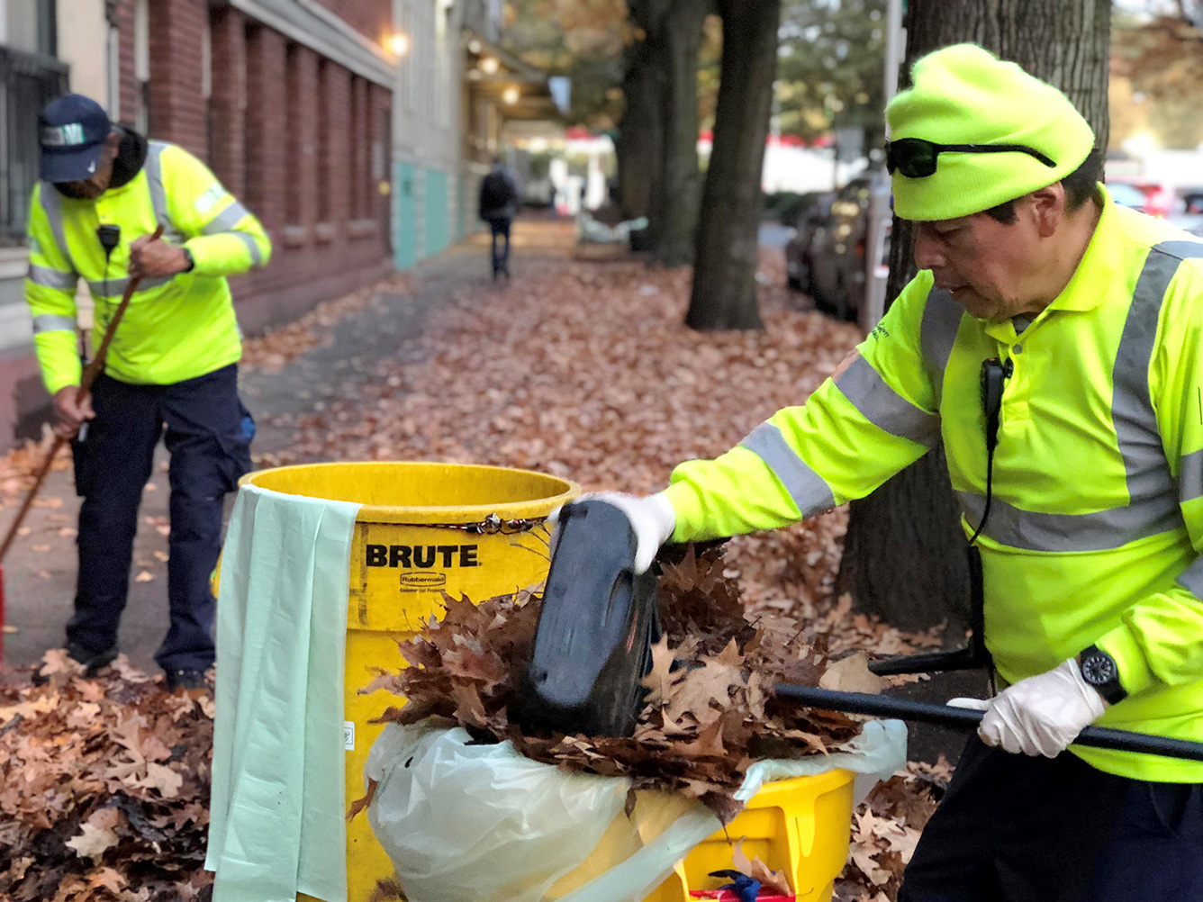 Downtown ambassadors clean up leaves in downtown Seattle