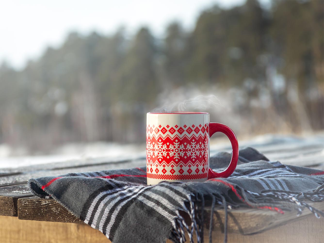 Holiday scarf and hot beverage