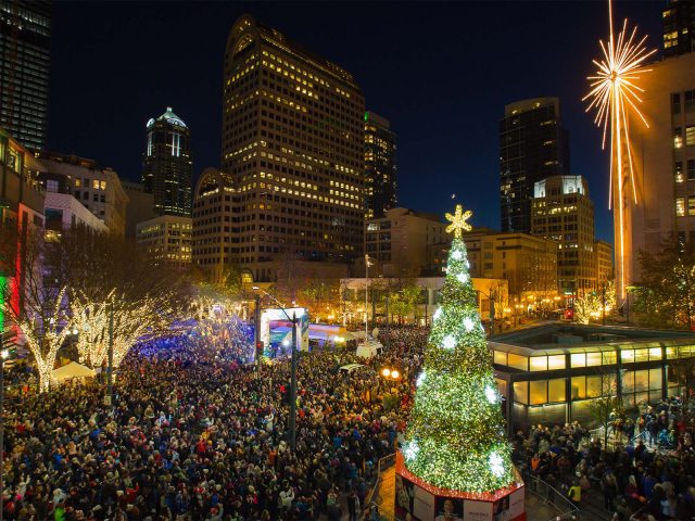 Tree-lighting ceremony in Westlake Park in downtown Seattle