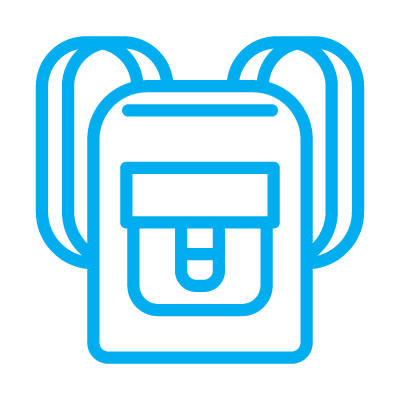 MID Outreach team icon: blue line drawing of backpack
