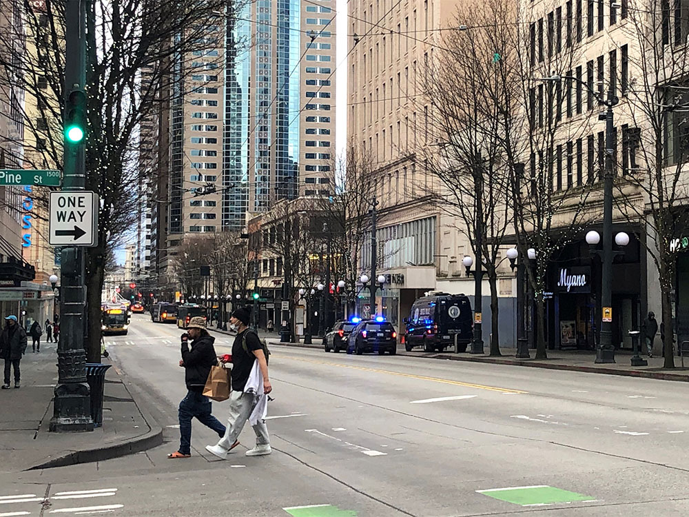 Pedestrians on Pine