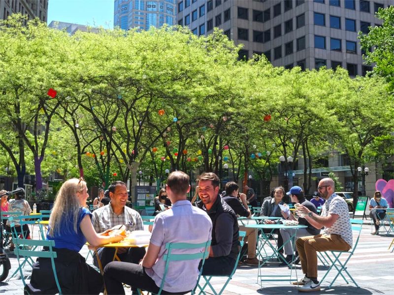 People having lunch in sunny Westlake Park