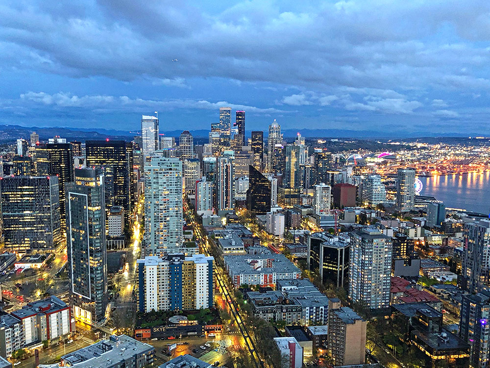 Seattle view from the Space Needle at dusk