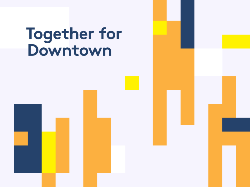 Together for Downtown: abstract blocky shapes — orange, yellow, navy and white on a light lavender gray background