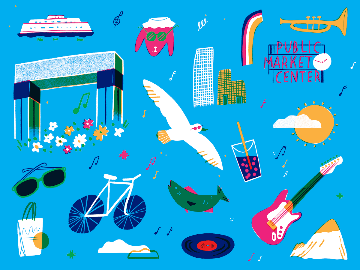 Illustrations against a blue background: bike, sunglasses, shopping bag, guitar, mountain, Westlake Park arch, Pike Place Market sign, trumpet, rainbow, dog wearing bucket hat and sunglasses, fish, vinyl record, clouds, sun, musical notes, ferry
