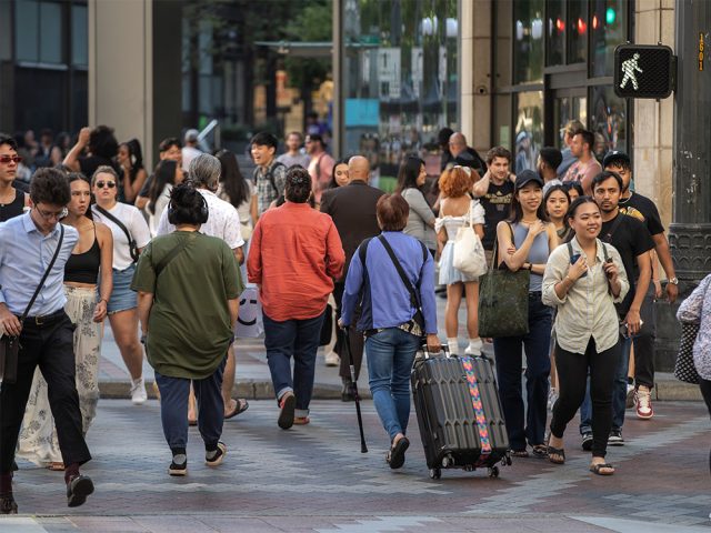 Pedestrians in downtown Seattle's Retail Core neighborhood
