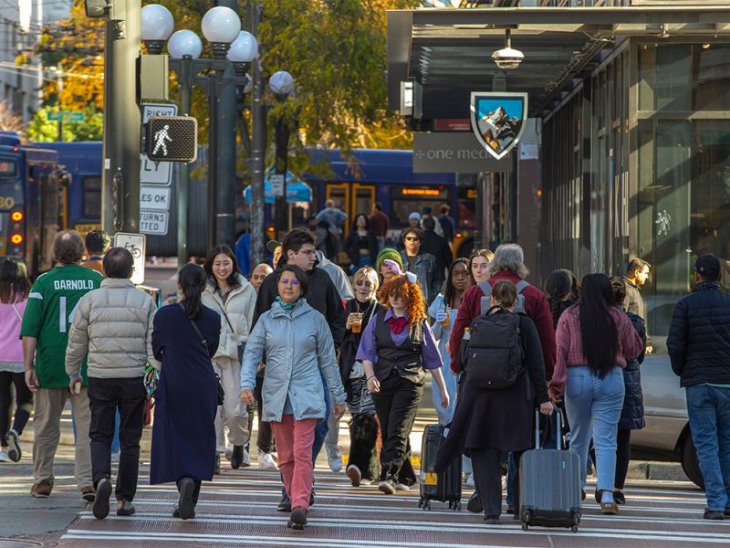 Pedestrians in a downtown Seattle crosswalk
