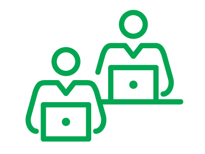 Green icon: Two employees working at laptops
