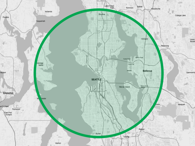 Map: 10-mile radius from downtown Seattle
