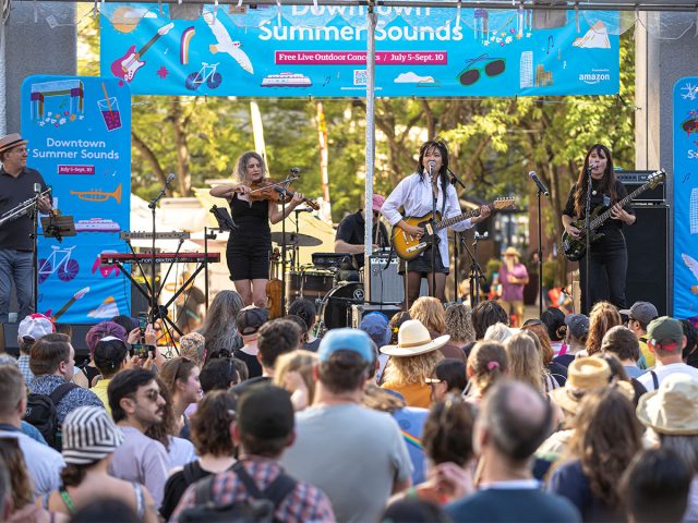 Downtown Summer Sounds performer and audience at Westlake Park