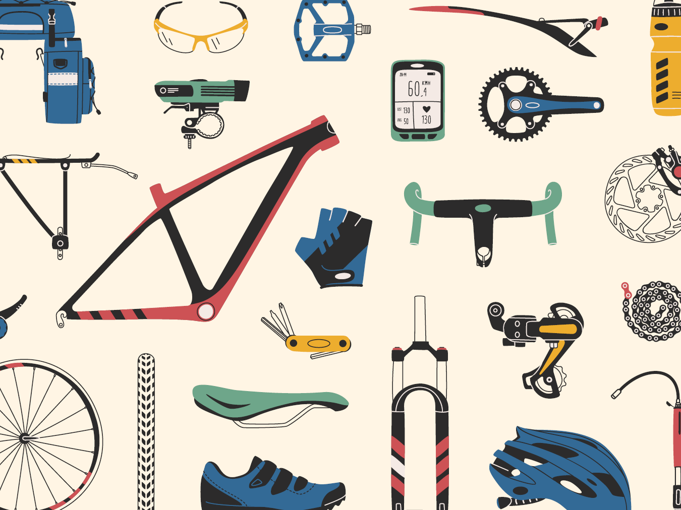Bike implements on a cream background