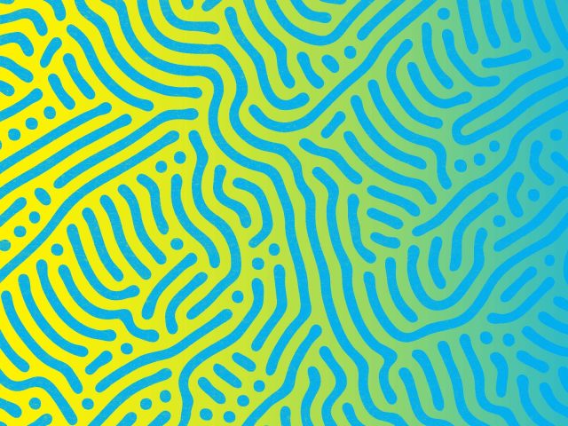 Textured blue squiggly lines on a yellow and green gradient background