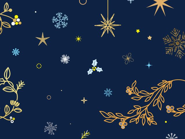 Snowflakes and leaves on a navy blue background