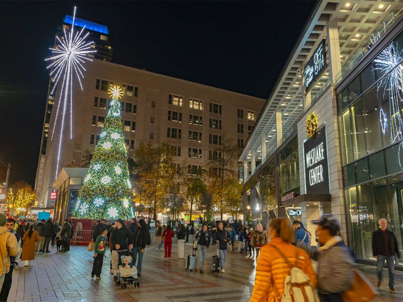 Visitors walking through Westlake Center near holiday tree and large illuminated star