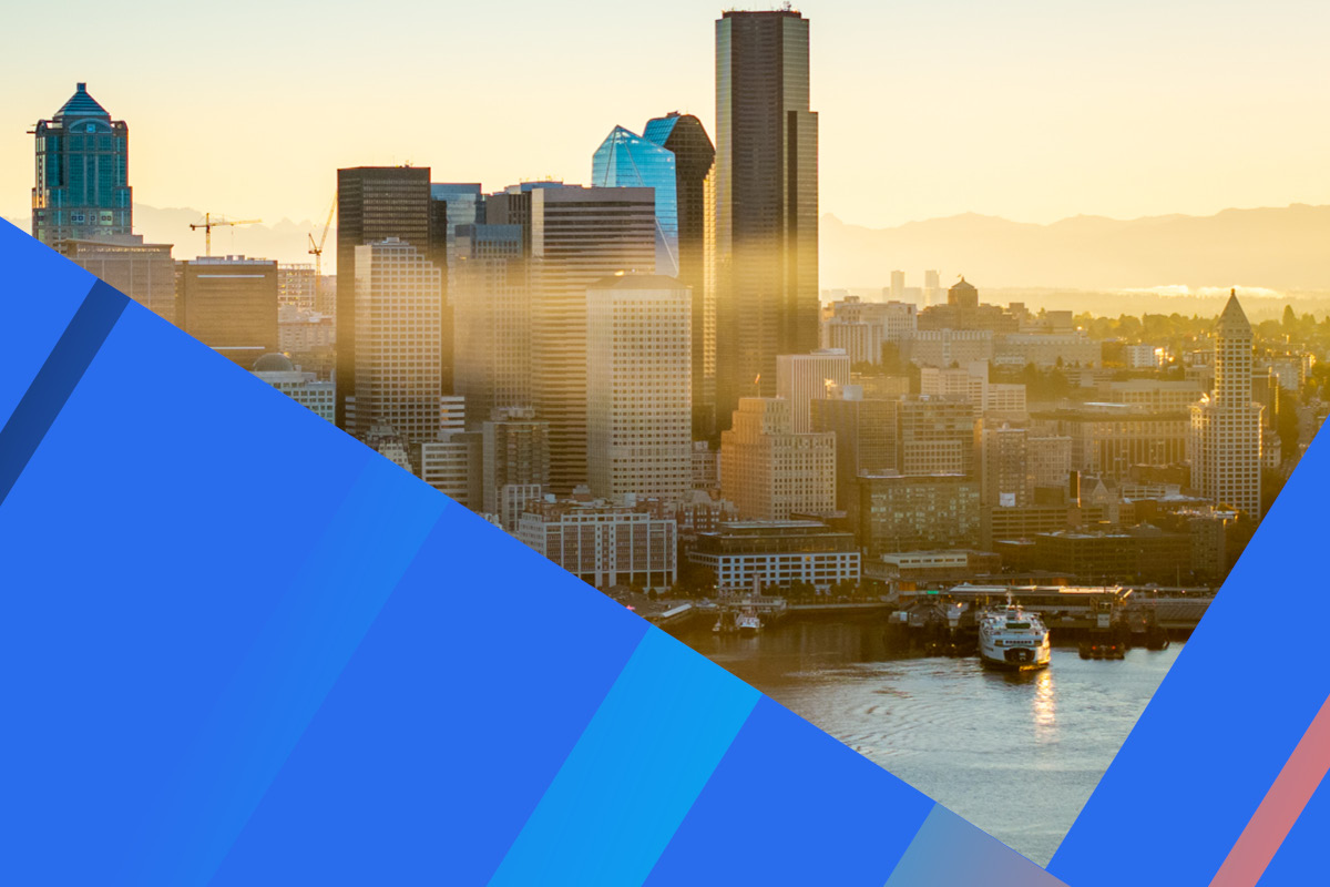 Cityscape of Seattle waterfront at dawn, surrounded by angled blue color bars