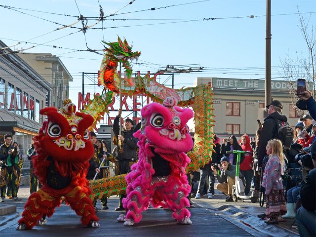 Lunar New Year dragons dancing at First & Pike