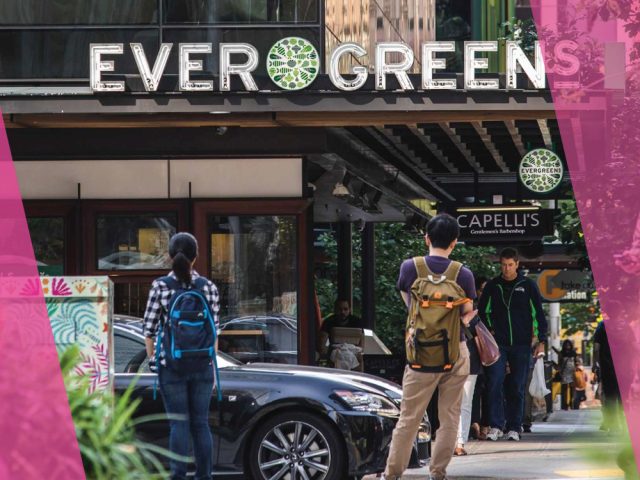 Evergreens exterior, pedestrians. Pink color bars on left and right sides. Credit: Evergreens.