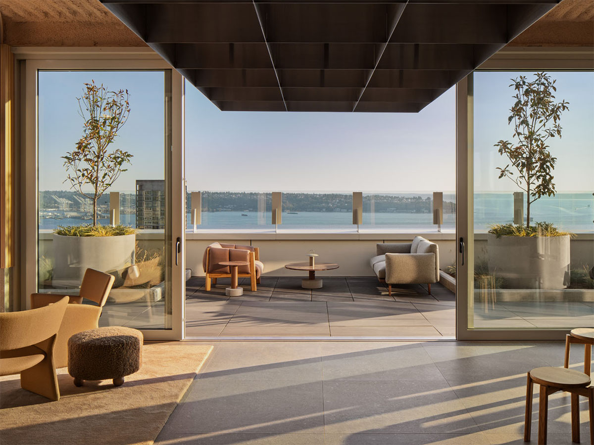 Rendering of indoor-outdoor space near the water. Courtesy of Kaye Apartments.