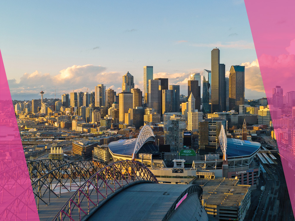 Seattle cityscape, pink color bars and right and left sides.
