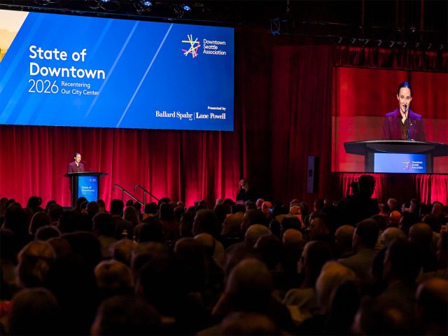 Mayor Katie Wilson speaking at State of Downtown