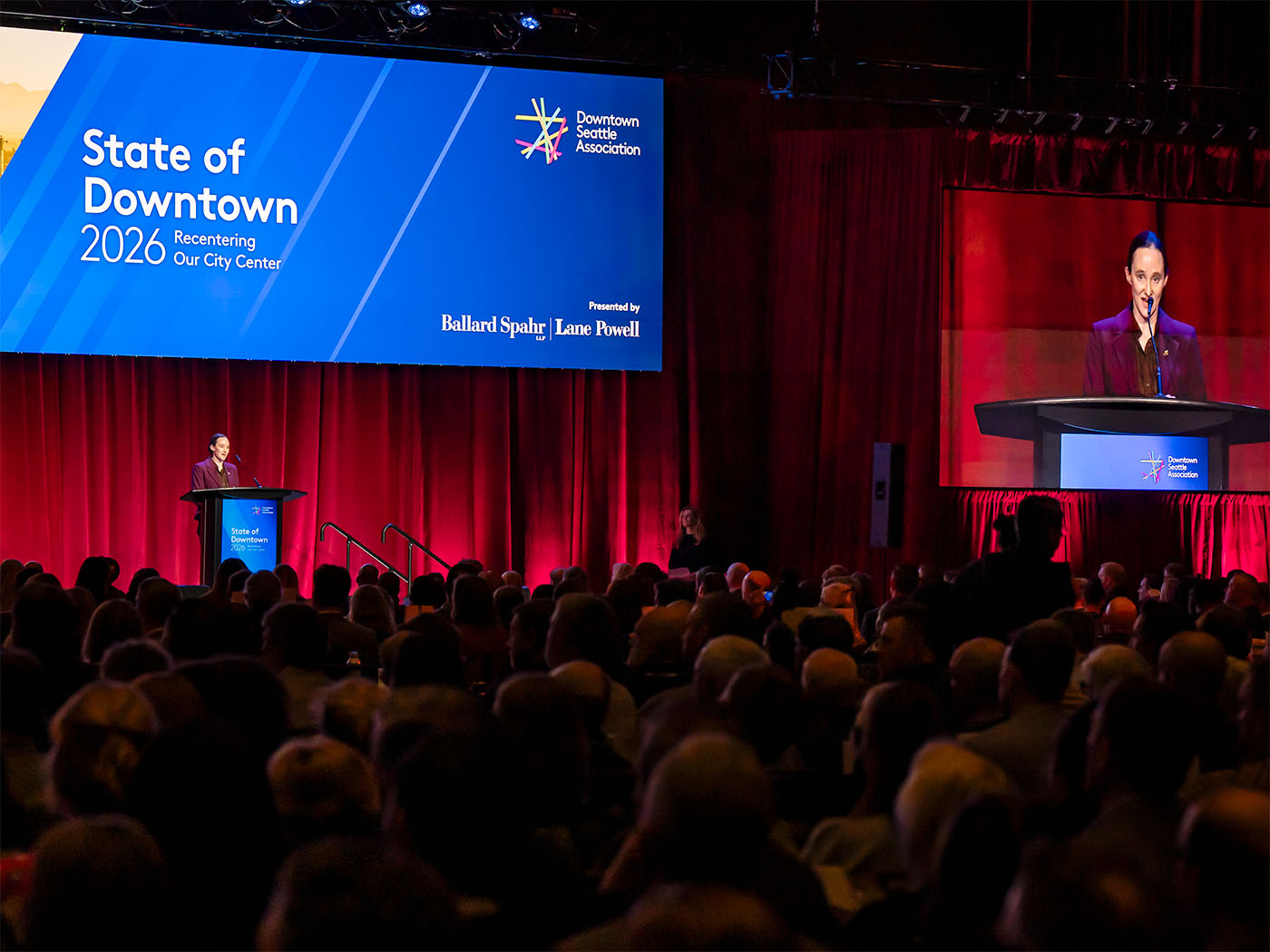 Mayor Katie Wilson speaking at State of Downtown