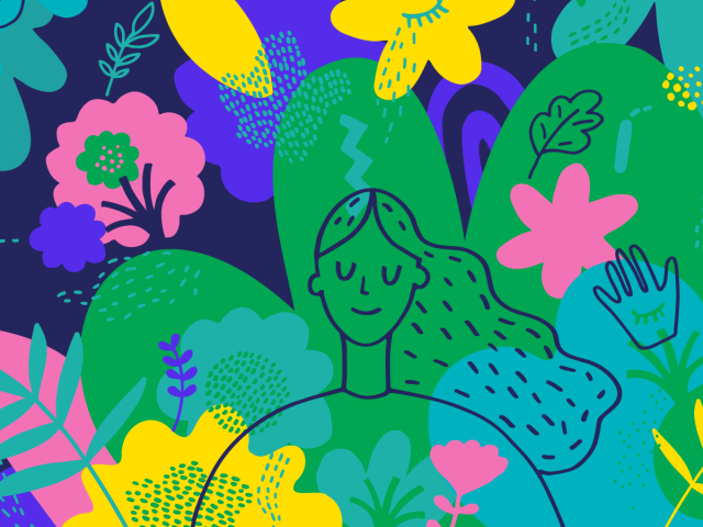 Bright illustration of a woman in front of iconography including leaves, flowers and dots