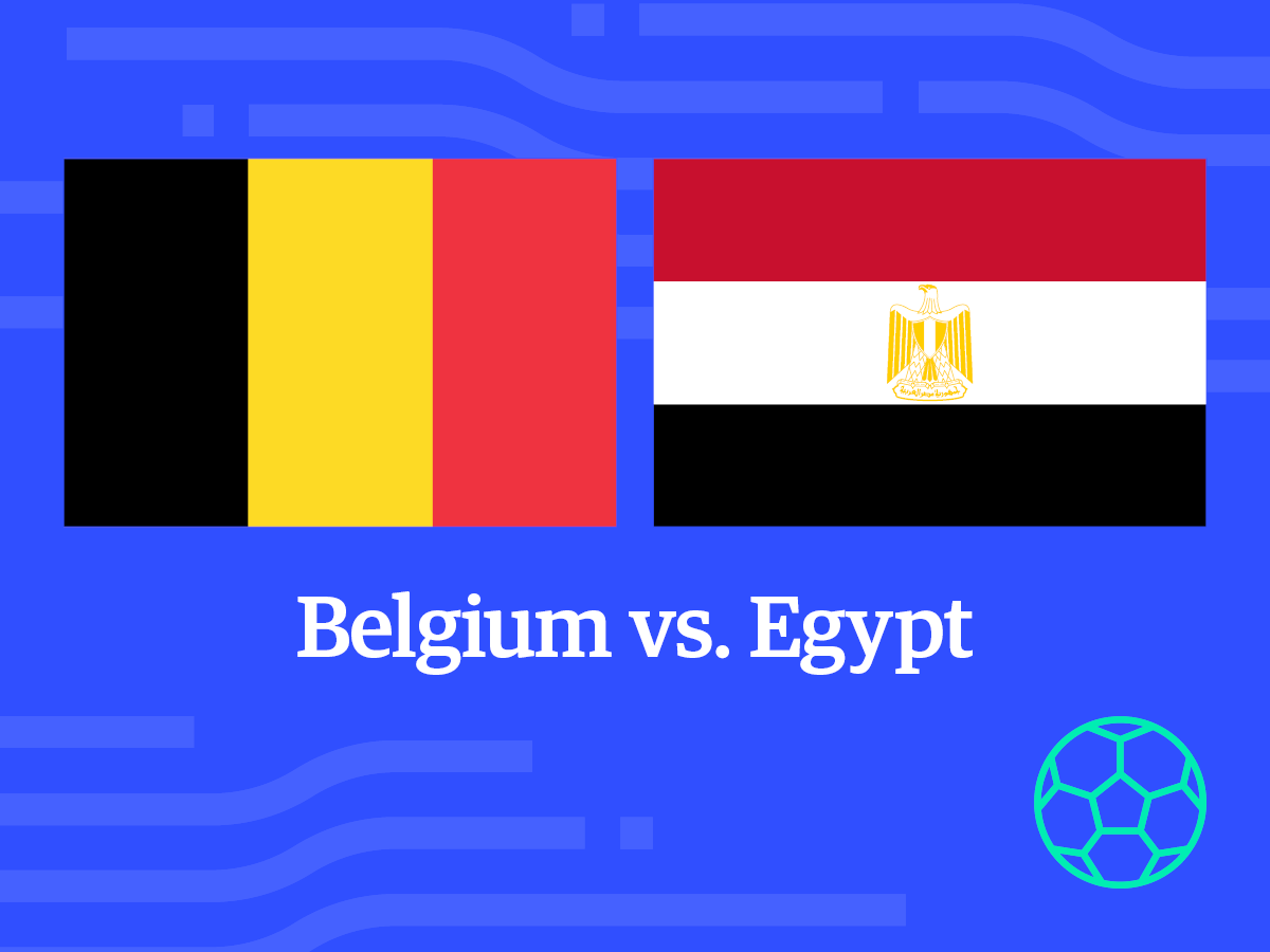 Belgium vs. Egypt: flags on blue background, teal soccer ball icon on corner