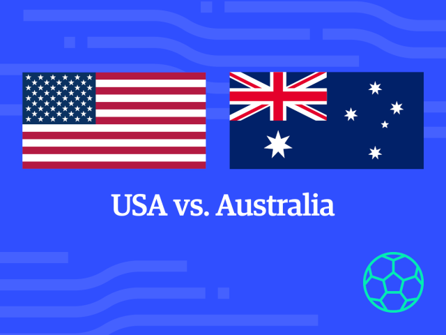 USA vs. Australia: flags on blue background, teal soccer ball icon on corner