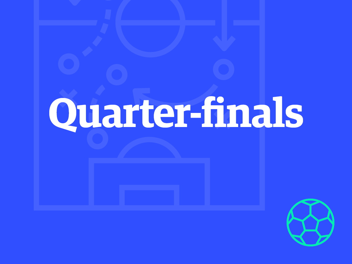 Quarter-finals on blue background, teal soccer ball icon on corner