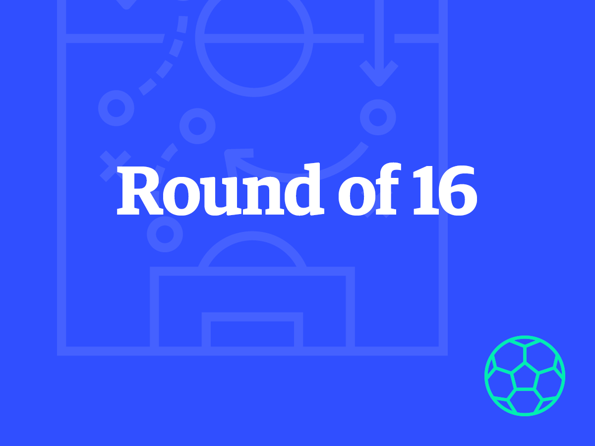 Round of 16 on blue background, teal soccer ball icon on corner