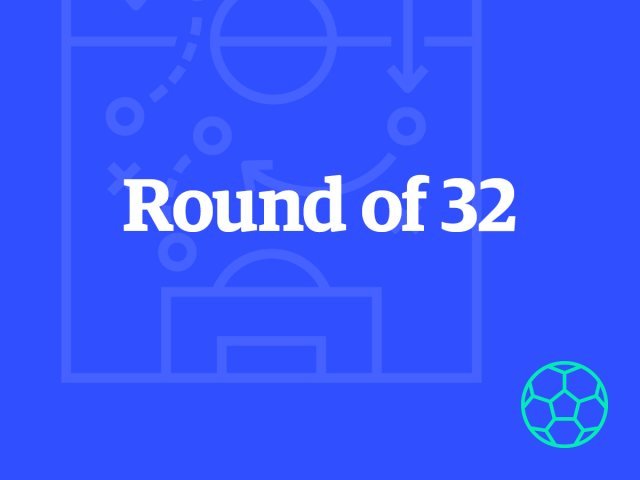 Round of 32 on blue background, teal soccer ball icon on corner