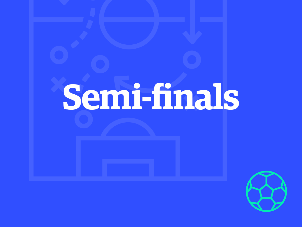 Semi-finals on blue background, teal soccer ball icon on corner