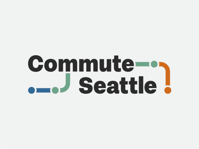 Commute Seattle logo - black type and color dots and lines: blue, teal and orange