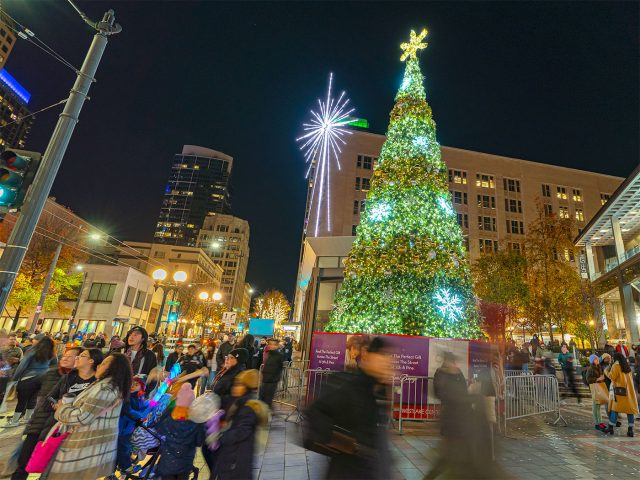A look at a crowd during the annual Tree Lighting Celebration at Westlake Center on Nov. 28, 2025, with the lit-up Christmas tree and illuminated holiday star.