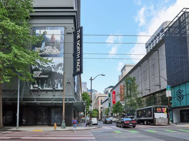 The old North Face building is pictured in downtown Seattle. It was announced in late 2025 that Barnes & Noble will move into the location in 2026.